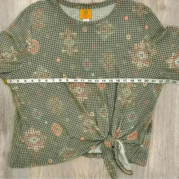 Ruby Rd Knot Front Waffle Knit Top 3/4 Sleeve Green Pattern Shirt Size XL Petite - Picture 3 of 7